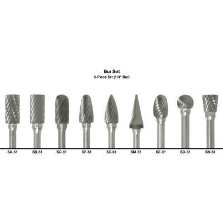 GREENFIELD INDUSTRIES Cle-Line 1855 Double-Cut Bur, 9 Piece Set with 1/8 Shank and 1/4 Set Size C17769